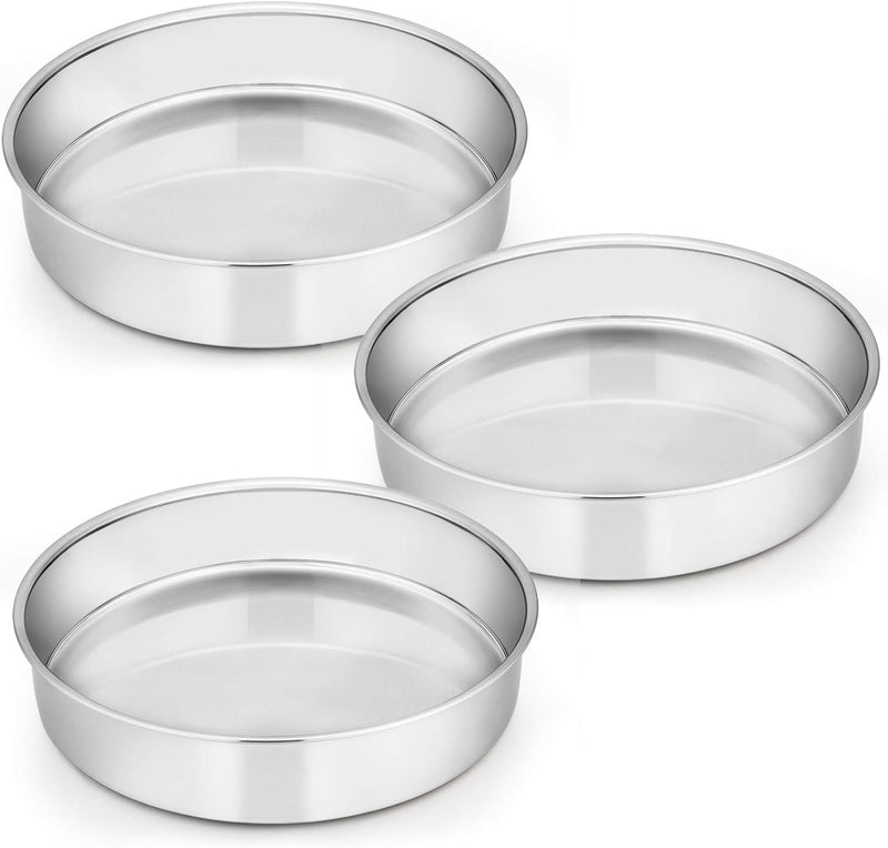 8-Inch Stainless Steel Round Cake Pan Set of 3 - Non-Toxic Mirror Finish Dishwasher Safe