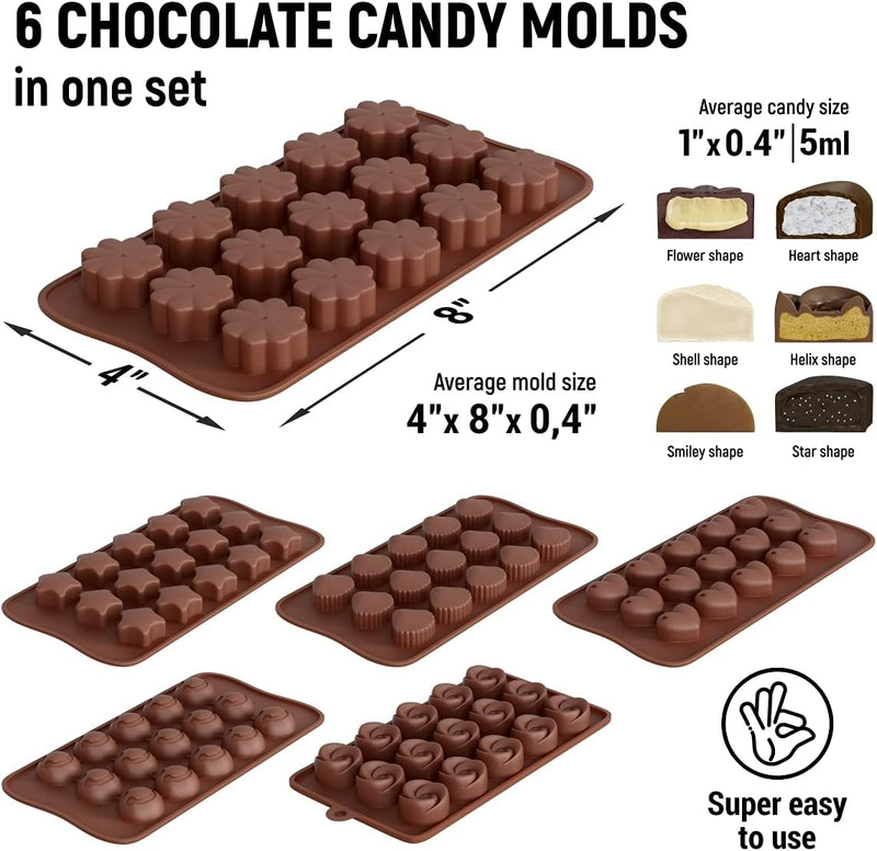 Silicone Chocolate Candy Molds Set - 6 pack  Free Recipes Ebook