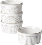 LE TAUCI Ramekins 4 oz, Ramekin Oven Safe, Ramiken for Creme Brulee, Lava Cakes, Pudding, Custard Cups, Souffle, Pot Pie, Small Sauce Bowl, Baking Dishes, Ceramic Embossment Wedding Housewaming Gift - 3.8 inch, Set of 4, Arctic White