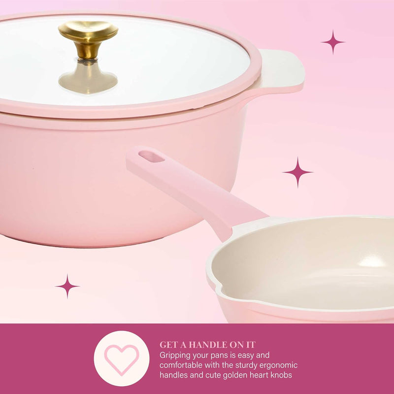 Paris Hilton Ceramic Nonstick Cookware Set - Gold Knobs Stay-Cool Handles 10-Piece Pink