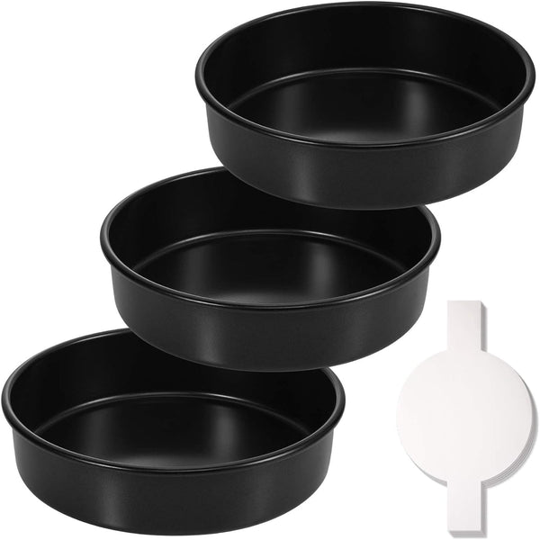HIWARE 8-Inch Round Cake Pan Set with Nonstick Coating and 90-Piece Parchment Paper 3 Pack