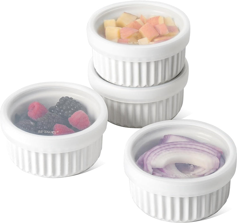 LE TAUCI 2nd Gen Ramekins with Lids - 8 oz Oven Safe Ceramic Bowls for Baking Set of 4