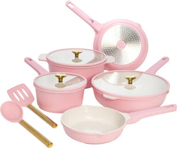 Paris Hilton Ceramic Nonstick Cookware Set - Gold Knobs Stay-Cool Handles 10-Piece Pink