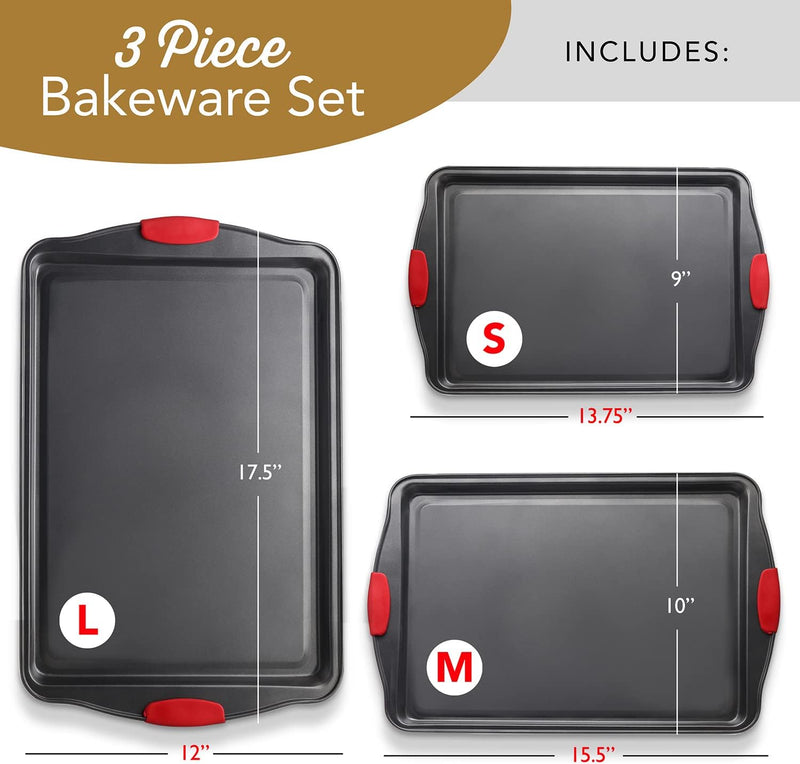 3-Piece Nonstick Baking Sheet Set with Silicone Handles - Black