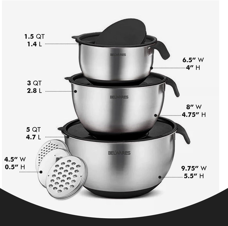 Belwares 5-Piece Mixing Bowl Set with Lids Graters and Non-Slip Stainless Steel - Black