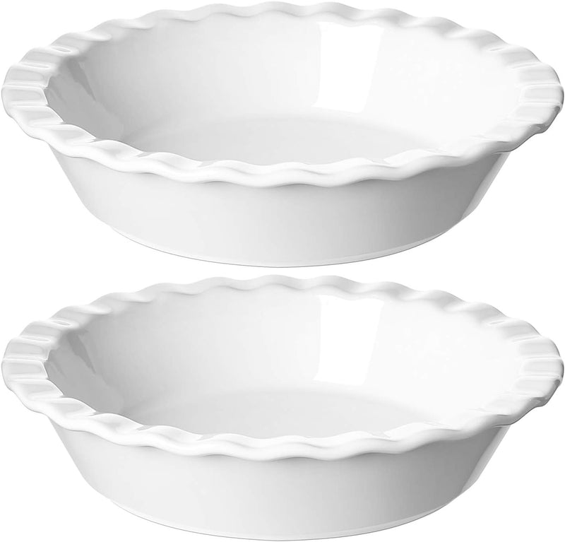 LE TAUCI Ceramic Pie Pans - 9 Inch Round Baking Dish Set for Apple Pie - 36oz Fluted Dish White Pack of 2