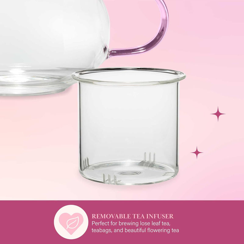 40oz Paris Hilton Glass Teapot with Removable Tea Infuser Filter - Temperature Safe - Perfect Pour Spout - Pink