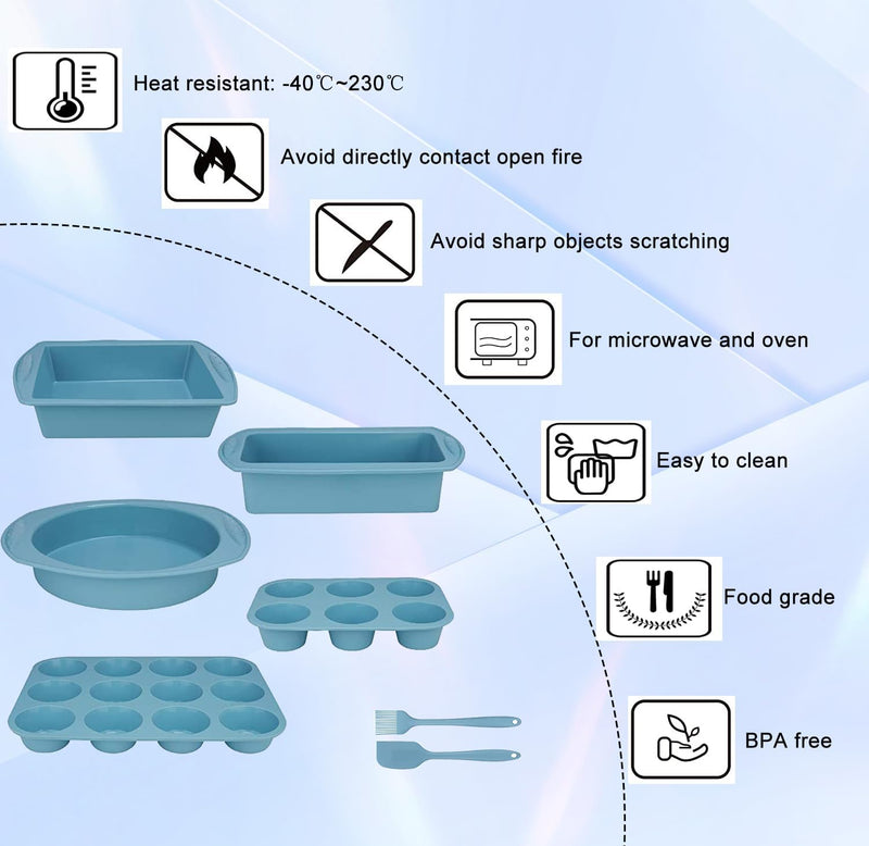 7-Piece Silicone Bakeware Set - RoundSquare Cake Pan Loaf Pan Muffin Pan - BPA Free