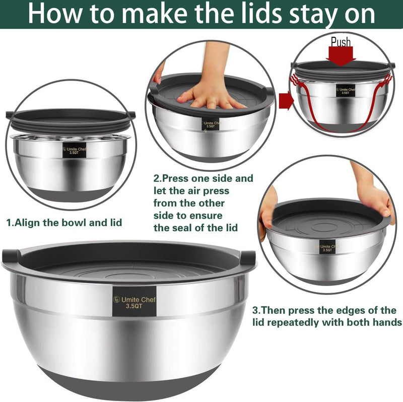 Umite Chef 6-Piece Mixing Bowls with Airtight Lids - Stainless Steel Nesting Storage Set Khaki