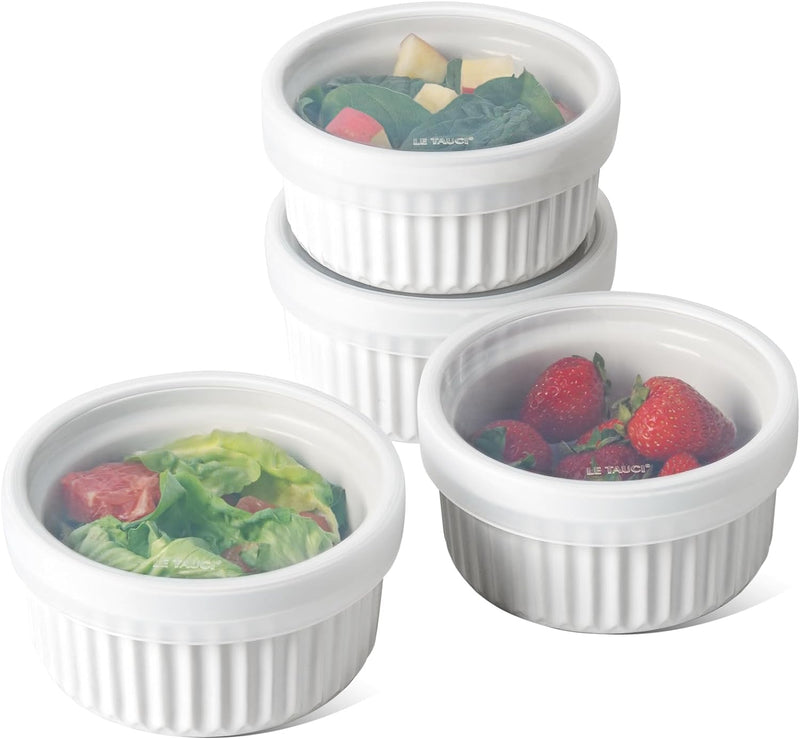 LE TAUCI 2nd Gen Ramekins with Lids - 8 oz Oven Safe Ceramic Bowls for Baking Set of 4