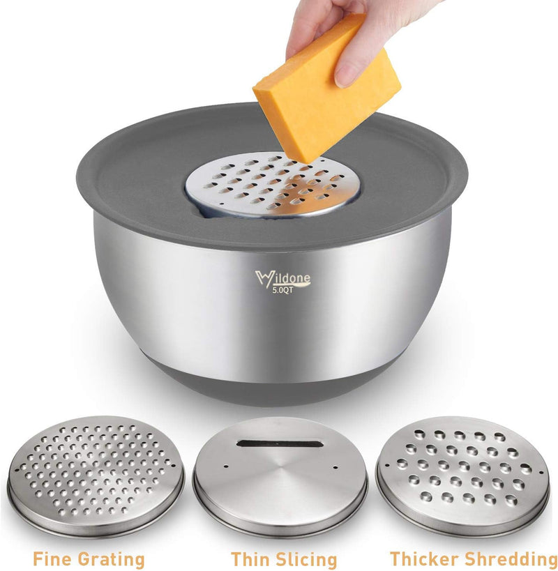 5-Piece Stainless Steel Mixing Bowls Set with Airtight Lids Grater and Non-Slip Bottoms