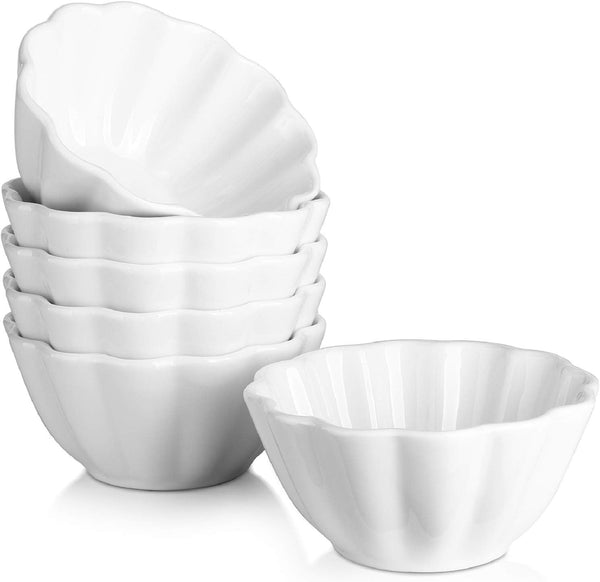 DOWAN 4 oz Porcelain Ramekins - Set of 6 Flower-Shaped for Baking Dipping and Sauces