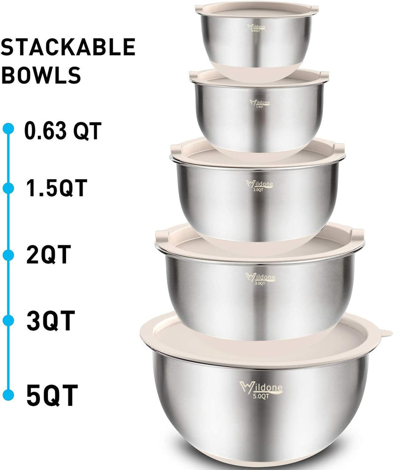 5-Piece Stainless Steel Mixing Bowls Set with Airtight Lids Grater and Non-Slip Bottoms