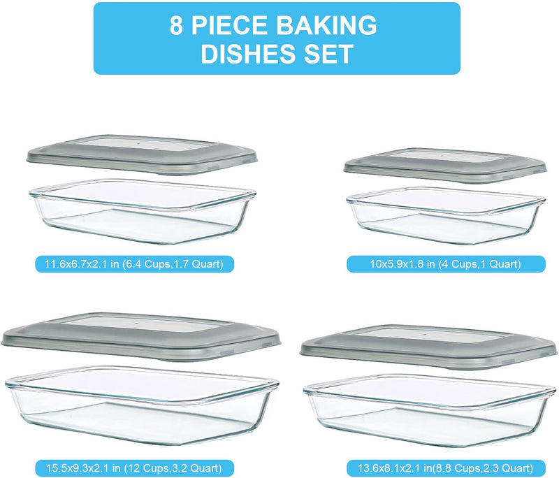 8-Piece Glass Baking Dish Set with Lids for Lasagna Leftovers and More - BPA Free and Fridge-to-Oven Safe