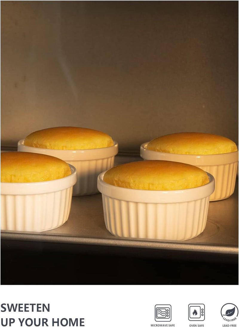 Sweese 8 oz Porcelain Ramekins Set of 6 - Creme Brulee Souffle Custard Cups for Baking Oven Safe - White