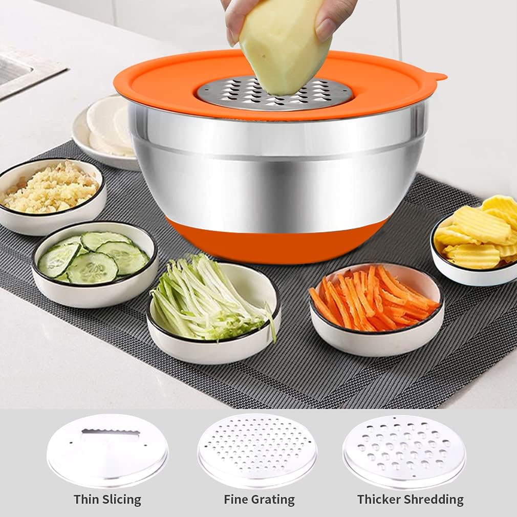 AIKKIL Mixing Bowls with Airtight Lids, 20 Piece Stainless Steel Metal Nesting Bowls, Non-Slip Silicone Bottom, Size 7, 3.5, 2.5, 2.0,1.5, 1,0.67QT