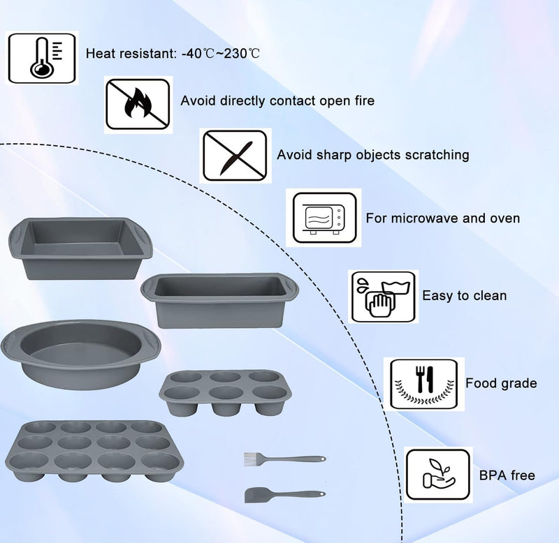 7-Piece Silicone Bakeware Set - RoundSquare Cake Pan Loaf Pan Muffin Pan - BPA Free