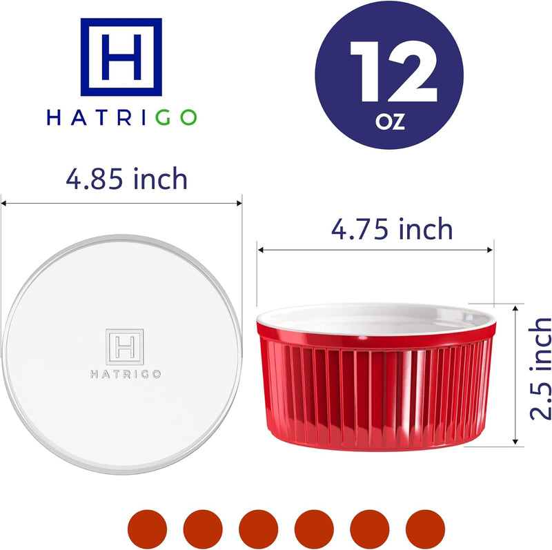 Set of 6 Hatrigo Porcelain Ramekins with Silicone Lids - OvenDishwasher Safe Assorted Colors 12 oz Capacity