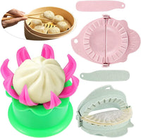 5 Pieces Bun Maker Bun Dumpling Maker Steam Filled Plastic Mold and Filling Spoon Cooking Tool Set for Kids Learning to Make Delicious Bun and Dumplings(Green, Pink)