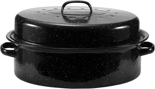 JY COOKMENT 19 Enameled Granite Roaster Pan with Domed Lid - Oval Turkey Roaster Pot Great for Turkey Chicken Lamb Vegetable - Dishwasher Safe 20Lb Capacity