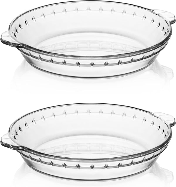Sweejar Glass Pie Pan 2 pack - 75 Round Non-Stick Dish with Soft Wave Edge for Baking Dinner and Desserts
