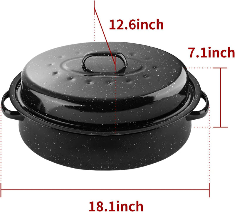 words13 Enamel Roasting Pan with Lid - Black Oval Turkey Roaster