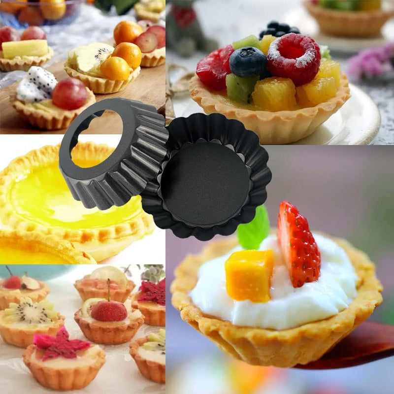 The product title is 8 Pack DATANYA 4 Inch Mini Tart Pans with Removable Bottom - Nonstick Quiche Pan for Dessert Baking