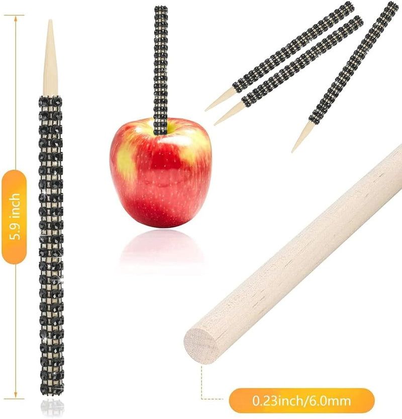 Bling Candy Apple Bamboo Sticks - 32 PCS Wooden Skewers with Rhinestone Diamond Mesh Wrap for Fruit Treats and Dessert Table Silver