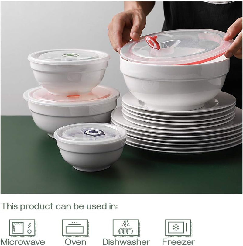 Ceramic Bowl Set with Lids - 4 Piece Set 64 oz - Microwave  Dishwasher Safe