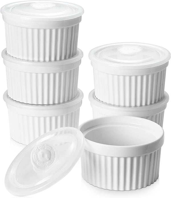 Set of 6 DOWAN Porcelain Ramekins with Lids - 8 oz Stackable and Oven Safe for Baking and Serving