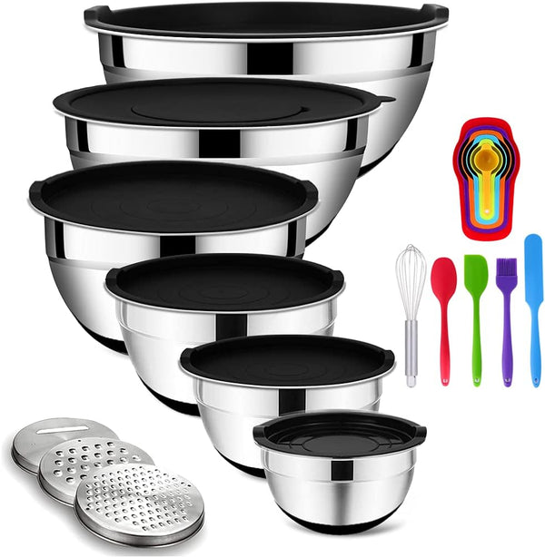 20-Piece Stainless Steel Mixing Bowl Set with Airtight Lids Graters and Non-Slip Bottoms for Baking and Prepping