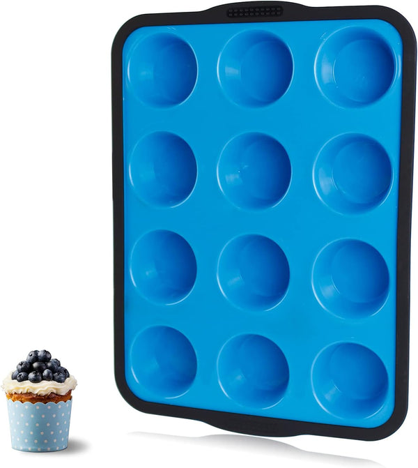 Non-Stick Silicone Muffin Pan with Stainless Steel Frame - 12 Cup Baking Mold BPA Free Blue