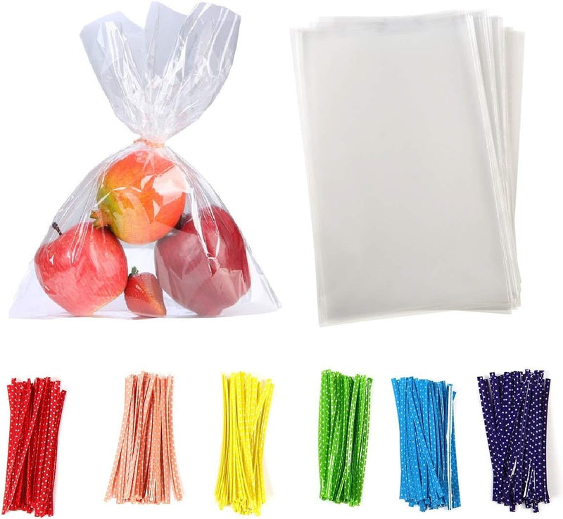 100-Pack Clear Cellophane Treat Bags with Metallic Twist Ties - 10x6 inches 14mil - Bakery Cookies Candies Dessert