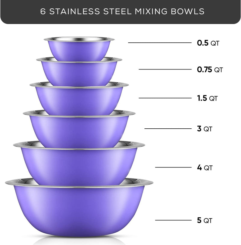 JoyJolt Stainless Steel Mixing Bowl Set of 6 - Large to Small Sizes for Kitchen and Baking Needs