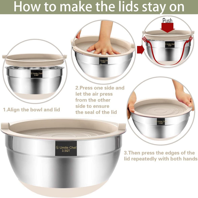 Umite Chef 6-Piece Mixing Bowls with Airtight Lids - Stainless Steel Nesting Storage Set Khaki