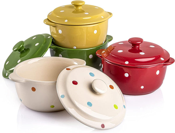 4-Pack Porcelain Ramekins with Lid  Handle - 9 oz Ceramic Soup Bowls