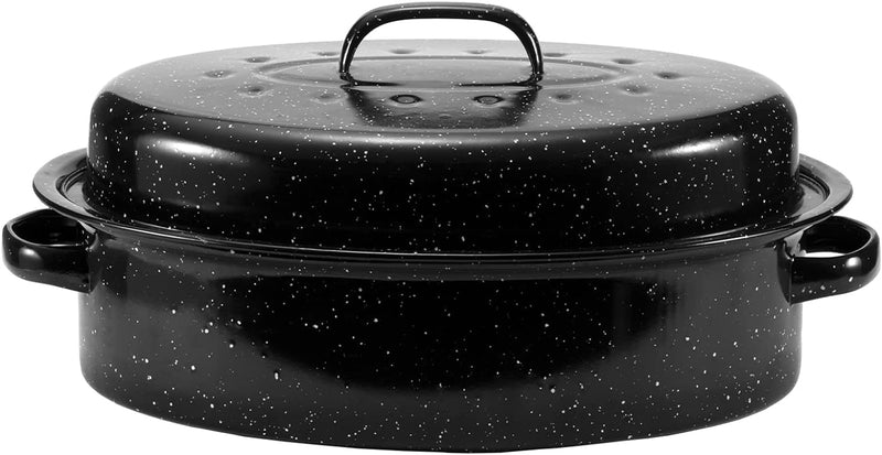 JY COOKMENT 19 Enameled Granite Roaster Pan with Domed Lid - Oval Turkey Roaster Pot Great for Turkey Chicken Lamb Vegetable - Dishwasher Safe 20Lb Capacity