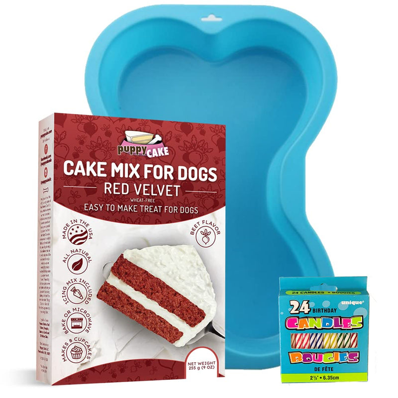 CharactersPuppy Cake Mix Birthday Kit with Bone Pan Candles and Peanut Butter Blue Flavor - Made in USA