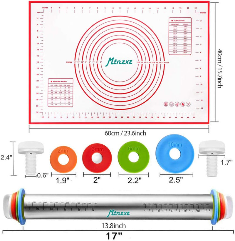 Rolling Pin  Silicone Baking Mat Set - Stainless Steel Dough Roller wAdjustable Thickness Rings - for Pizza Pie Pastries Pasta Cookies