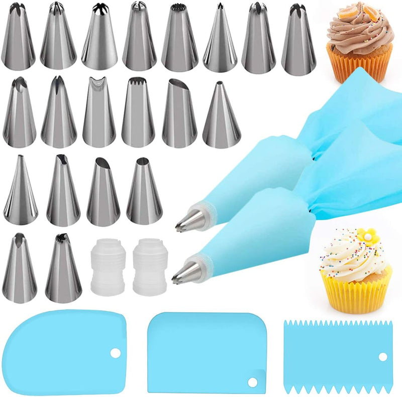 Silicone Icing Piping Bag with Stainless Steel Nozzle Set and Accessories