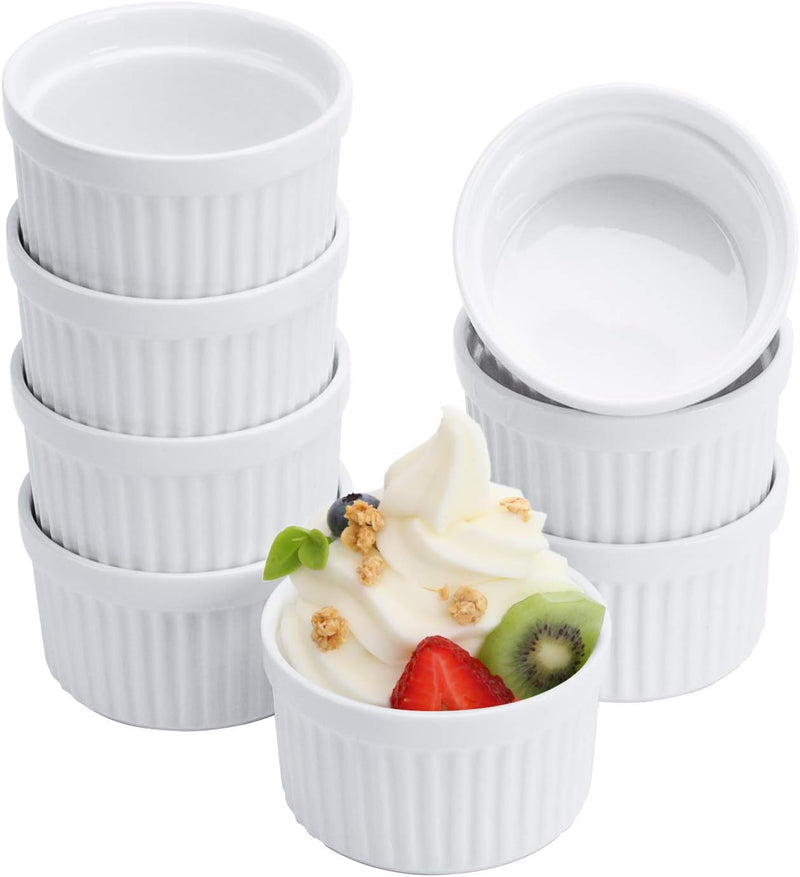 Porcelain Ramekins - Set of 8 6 oz - Oven Safe for Baking Custard Lava Cakes and Mini Desserts