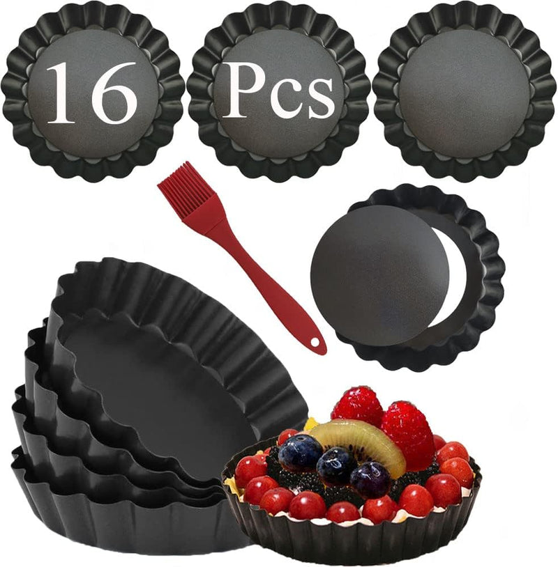 The product title is 8 Pack DATANYA 4 Inch Mini Tart Pans with Removable Bottom - Nonstick Quiche Pan for Dessert Baking