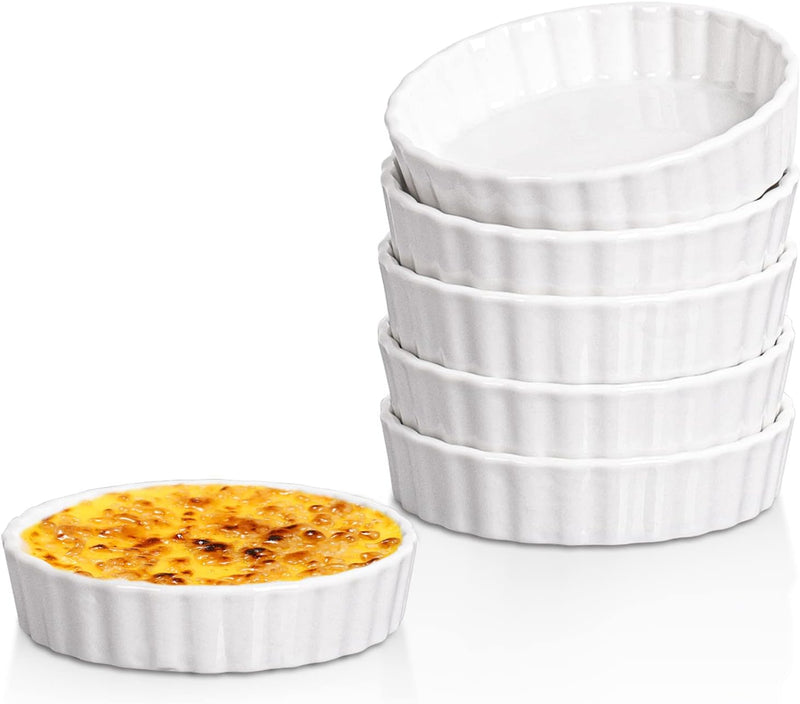 Delling 6-Piece Creme Brulee Ramekins Set - 8oz Oven Safe Fluted White Ramekins for Baking