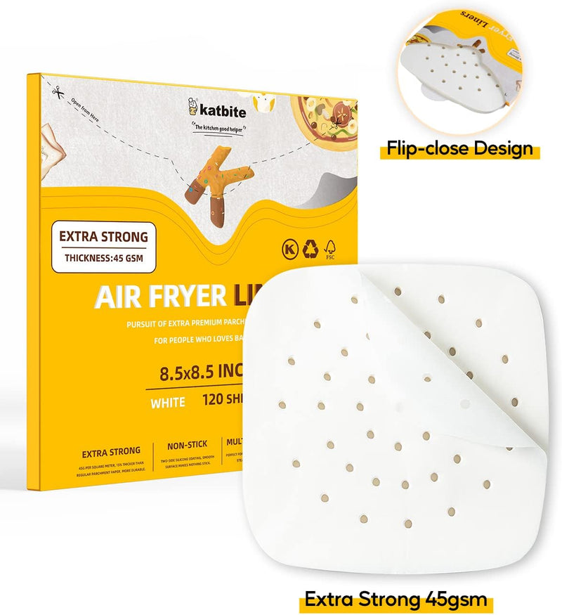 Katbite 85 Inch Air Fryer Parchment Paper Liners - 120 Pack Non-Stick Squares for Air Fryer Steamer Cake Pans