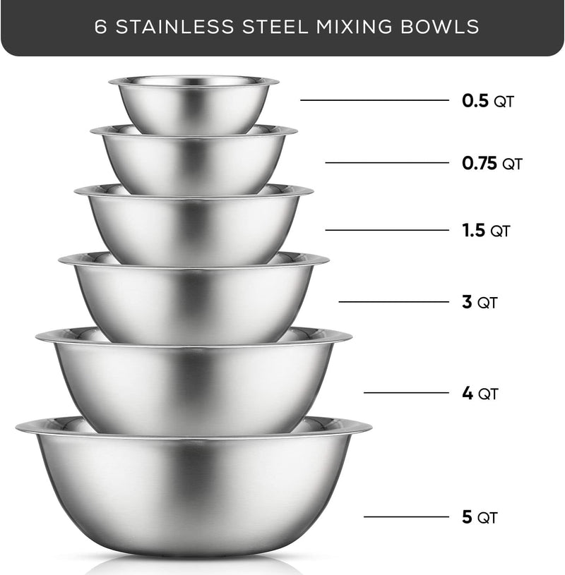 JoyJolt Stainless Steel Mixing Bowl Set of 6 - Large to Small Sizes for Kitchen and Baking Needs