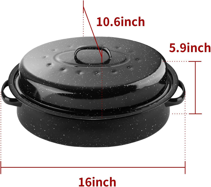 words13 Enamel Roasting Pan with Lid - Black Oval Turkey Roaster