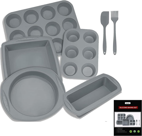 7-Piece Silicone Bakeware Set - RoundSquare Cake Pan Loaf Pan Muffin Pan - BPA Free