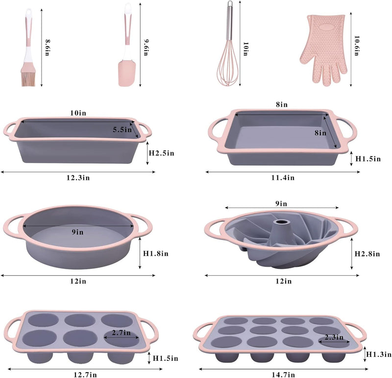 10-Piece Silicone Bakeware Set - Blue Gray with Spatulas Brush Mitts and Whisk