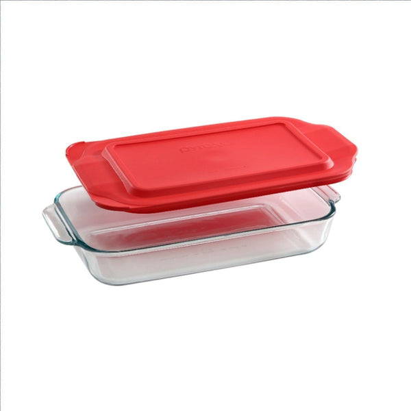 Pyrex Basics 2 Qt Glass Baking Dish with Red Plastic Lid - 7 x 11