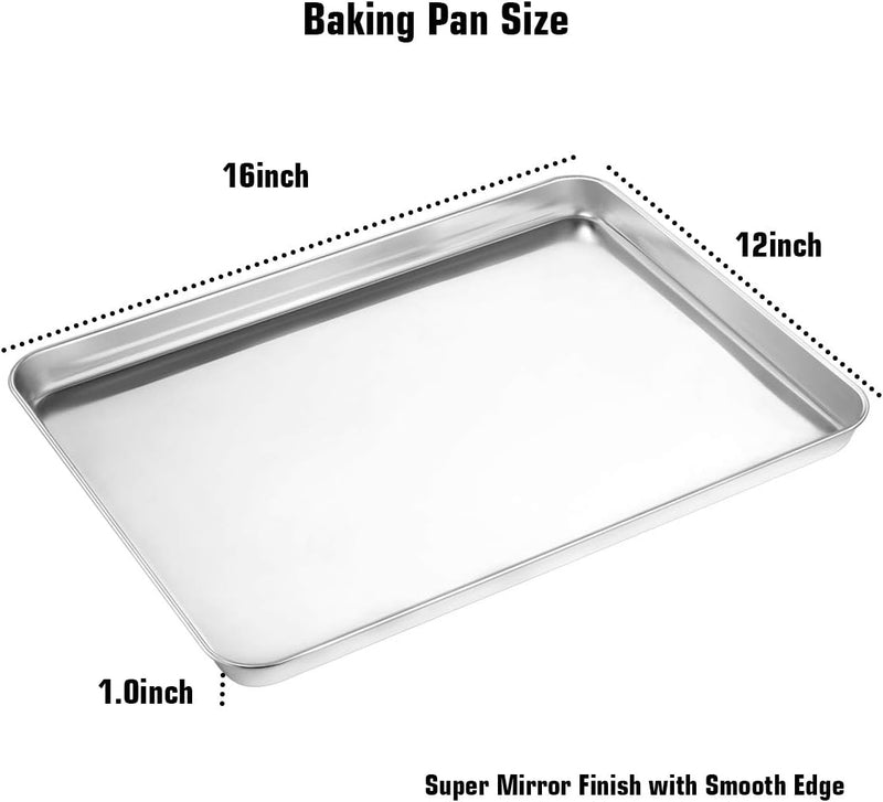 Wildone Baking Sheet Set of 2 - Stainless Steel 16x12x1 inch Non-Toxic Heavy Duty Mirror Finish Rust-Free Easy to Clean